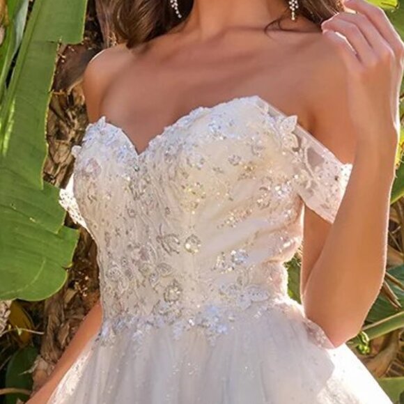 New Off Shoulder Mini Mesh Wedding Dress w/ Butterfly Appqliue & Sequins GS368 - Picture 5 of 9